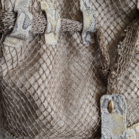 El Vaquero Beige Python Hobo Bucket Bag Purse Snakeskin Fishnet Linen - Picture 13 of 15